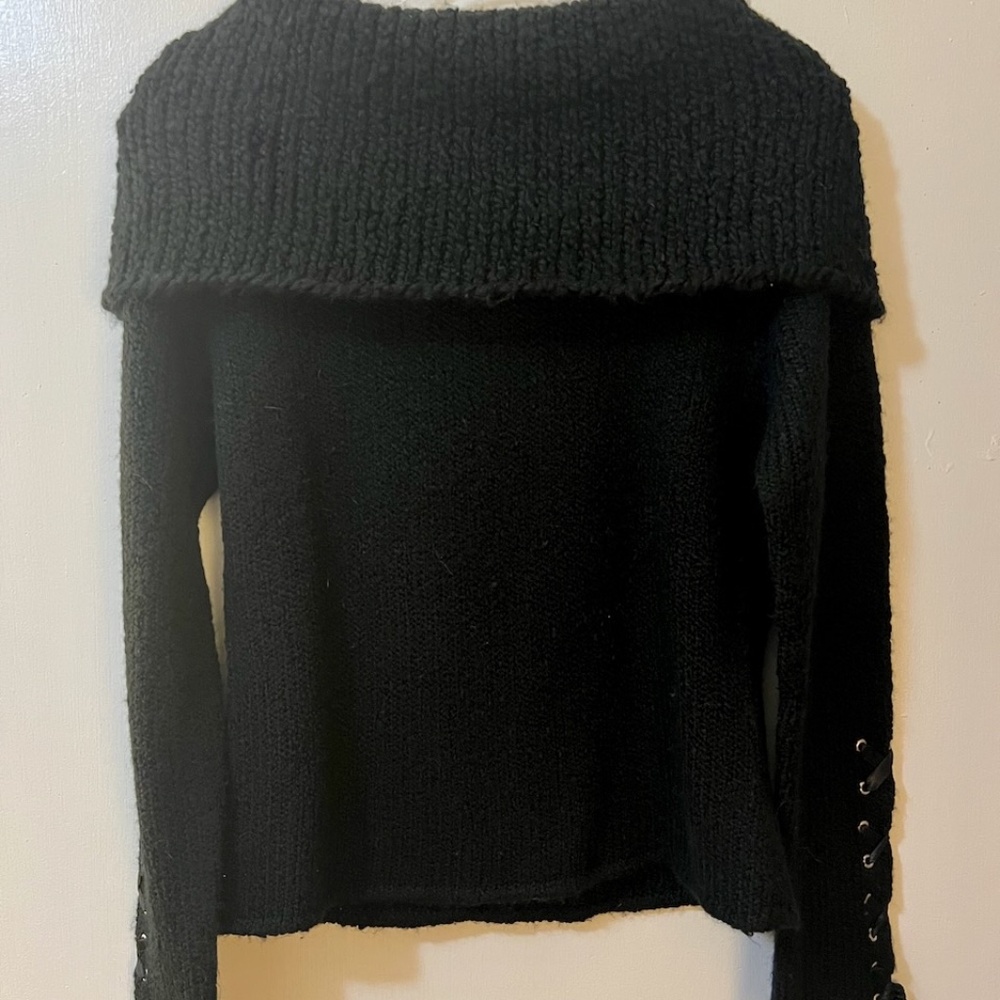 Mac & Jac Black Sweater with Deep Cowl and Lace Up Sleeves L SALE